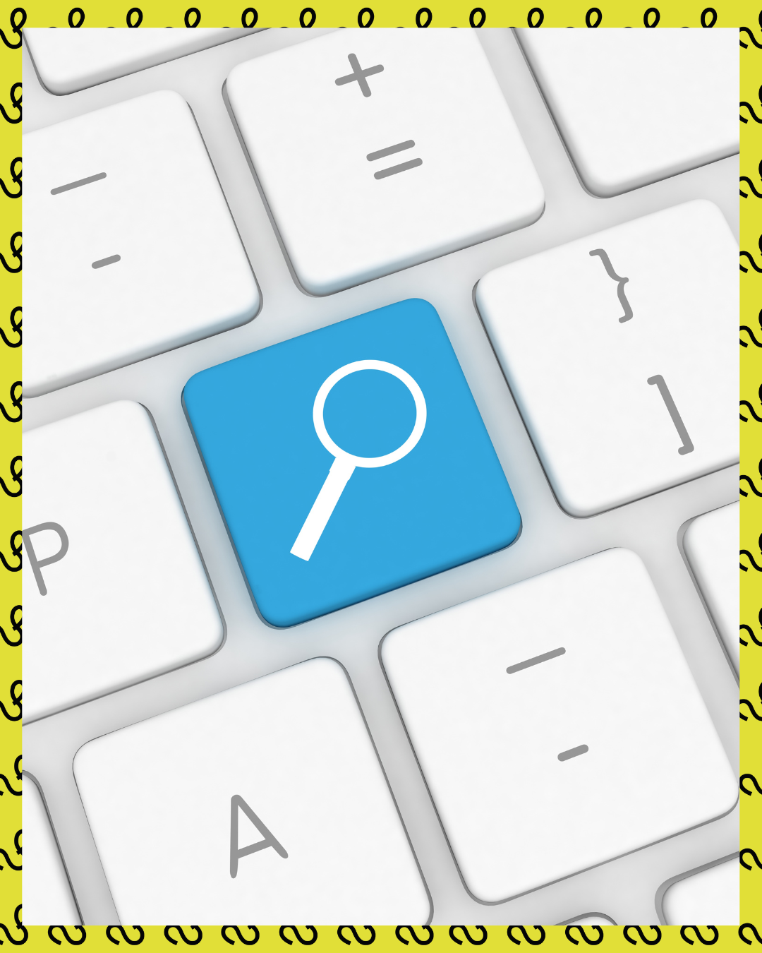 Close-up of a computer keyboard with a blue search icon key surrounded by other keys, symbolizing a digital search query.