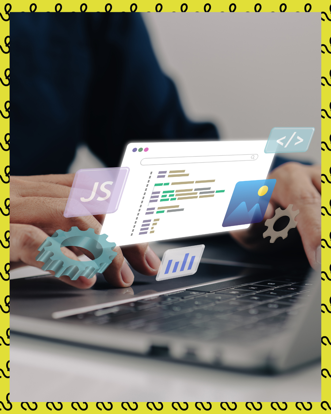 Person coding on a laptop with JavaScript icon and programming interface elements displayed.